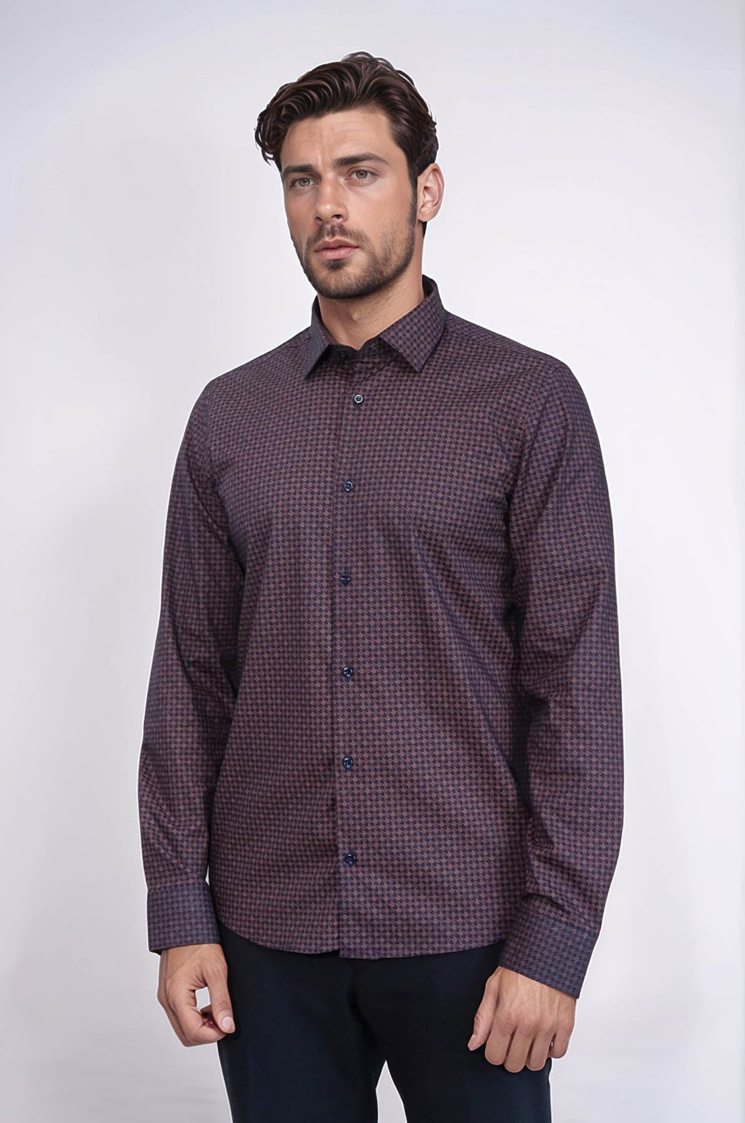 WSS Houndstooth Pattern Slim Fit Brown Men Shirt  - Caltagirone