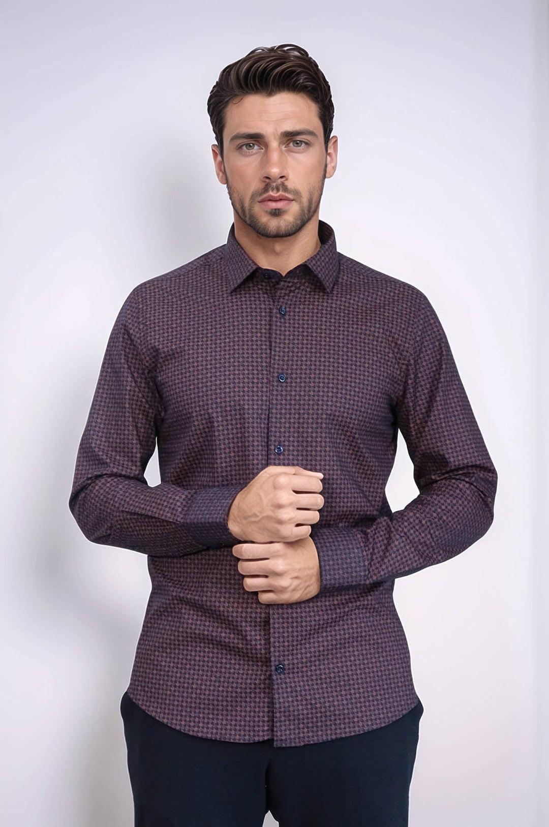 WSS Houndstooth Pattern Slim Fit Brown Men Shirt  - Caltagirone