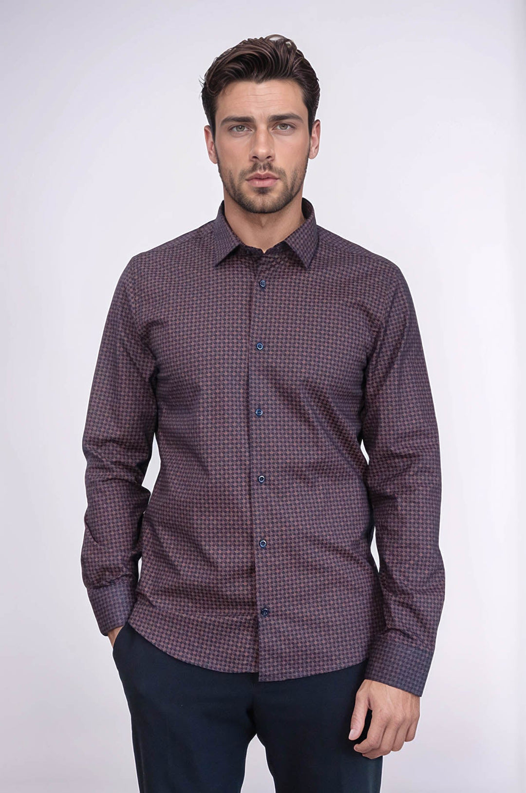 WSS Houndstooth Pattern Slim Fit Brown Men Shirt  - Caltagirone