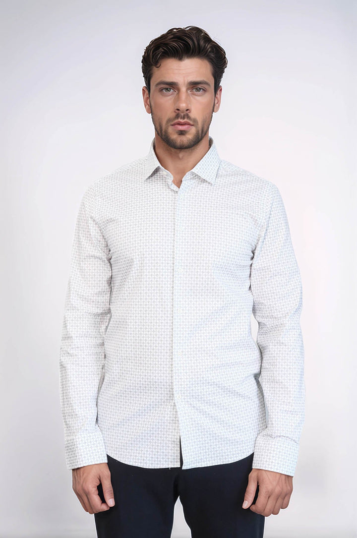 WSS Houndstooth Pattern Slim Fit Ecru Men Shirt  - Tracy