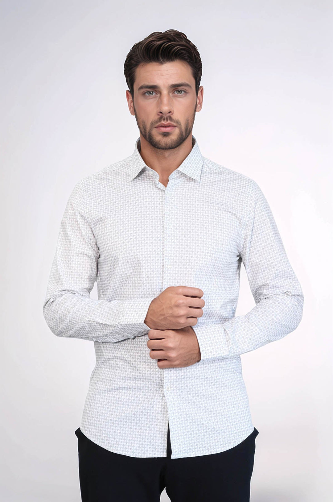 WSS Houndstooth Pattern Slim Fit Ecru Men Shirt  - Tracy