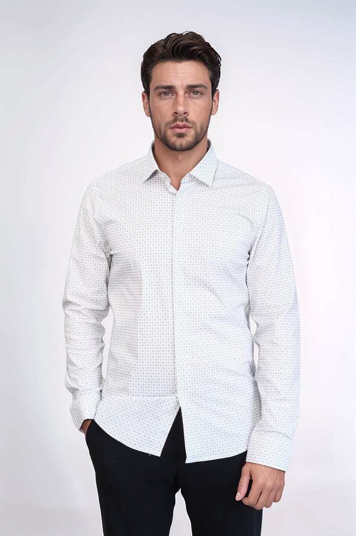 WSS Houndstooth Pattern Slim Fit Ecru Men Shirt  - Tracy