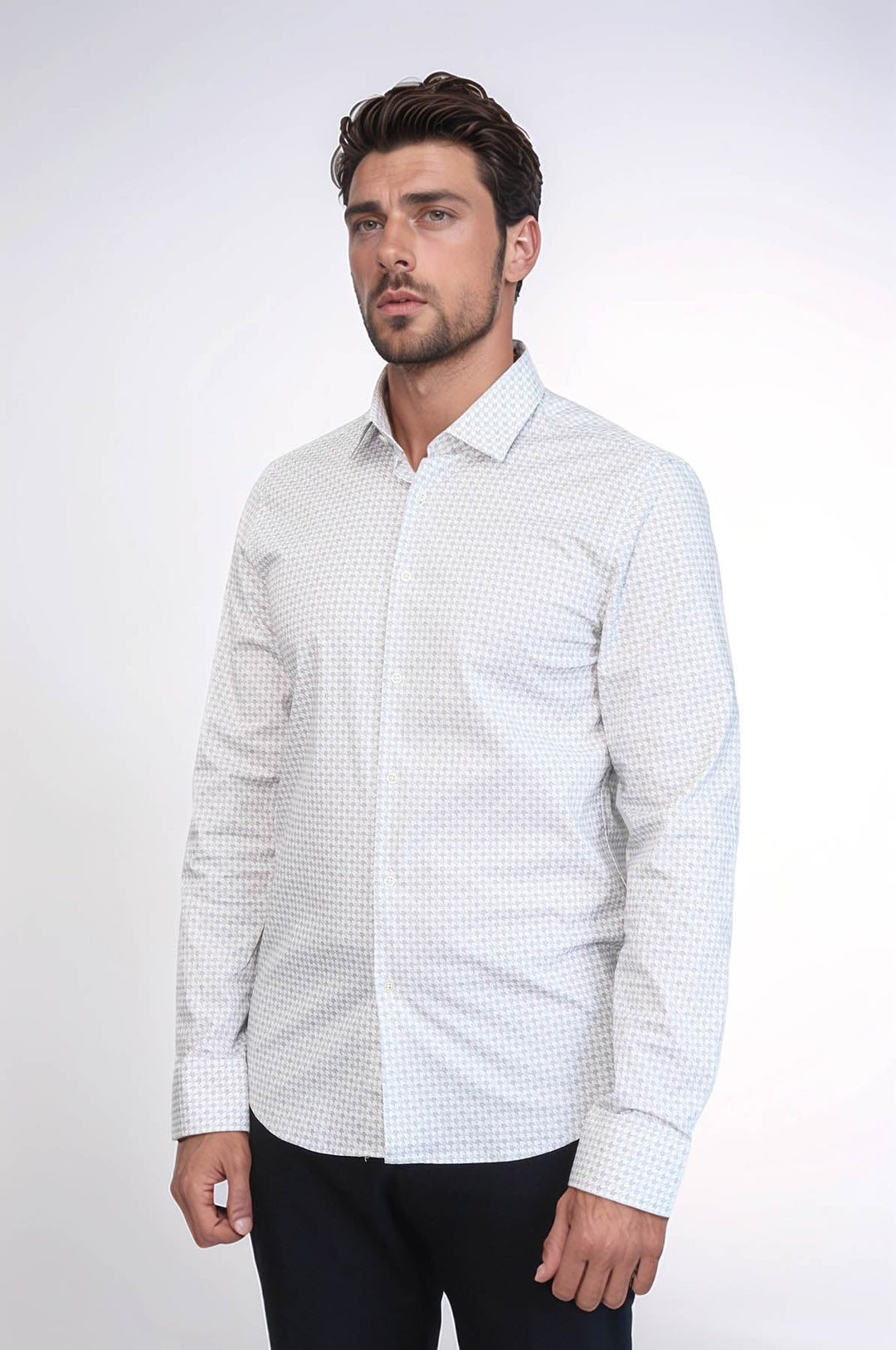 WSS Houndstooth Pattern Slim Fit Ecru Men Shirt  - Tracy