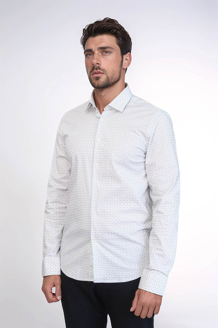 WSS Houndstooth Pattern Slim Fit Ecru Men Shirt  - Tracy