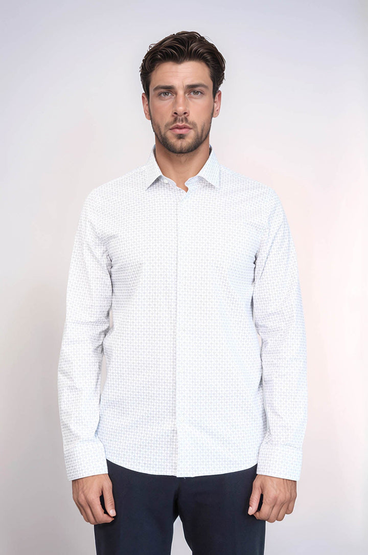 WSS Houndstooth Pattern Slim Fit White Men Shirt  - Rochester