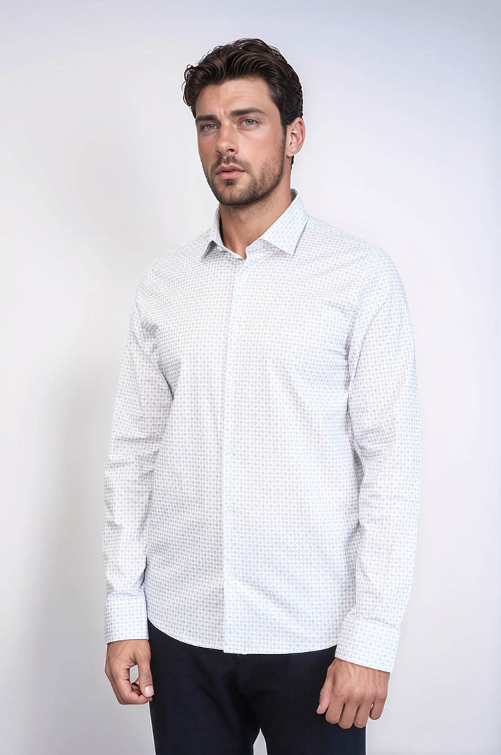 WSS Houndstooth Pattern Slim Fit White Men Shirt  - Rochester