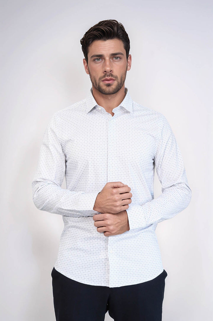 WSS Houndstooth Pattern Slim Fit White Men Shirt  - Rochester
