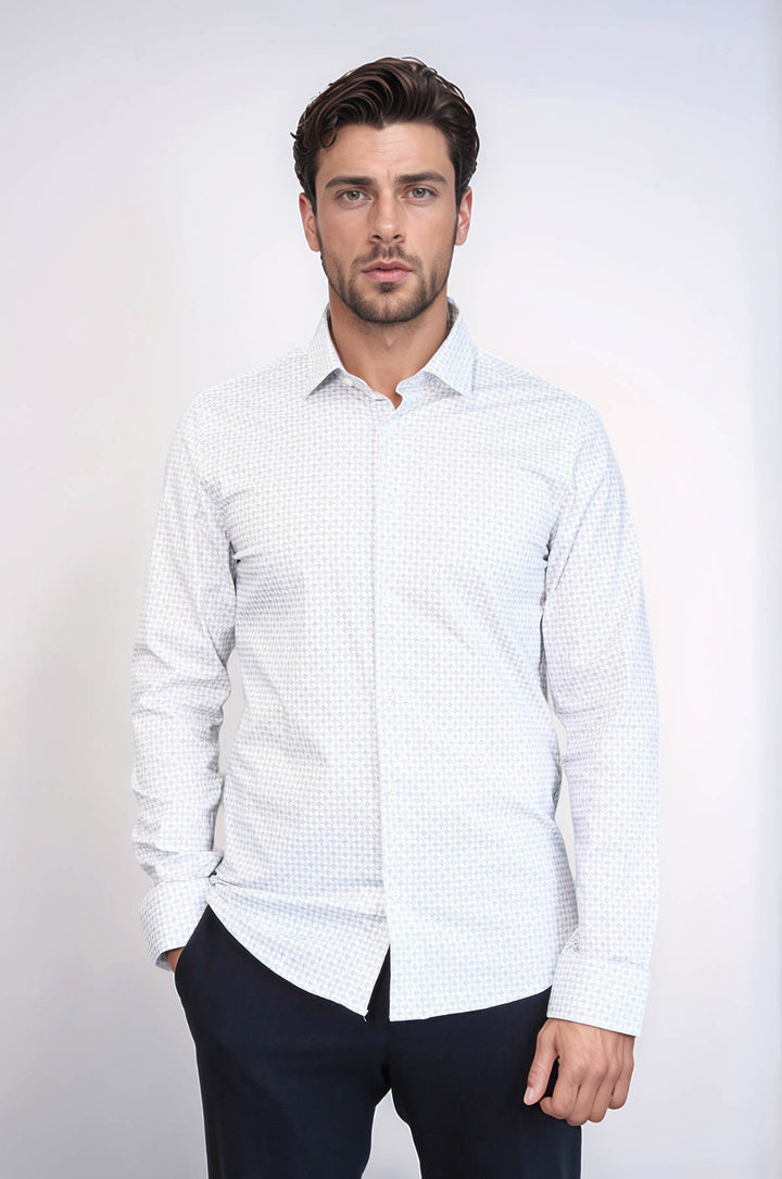 WSS Houndstooth Pattern Slim Fit White Men Shirt  - Rochester