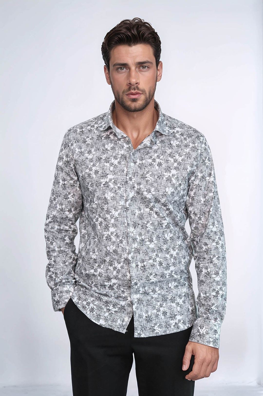 WSS Bloom Patterned Dark Slim Fit Grey Men Shirt  - Jacksonville
