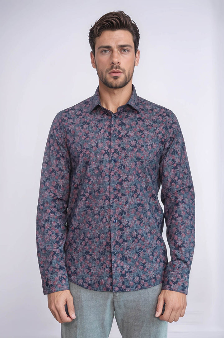 WSS Bloom Patterned Slim Fit Navy Blue Men Shirt  - Rocklin