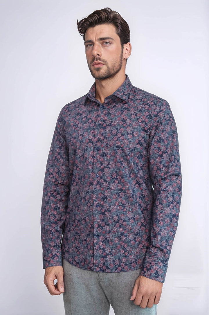 WSS Bloom Patterned Slim Fit Navy Blue Men Shirt  - Rocklin