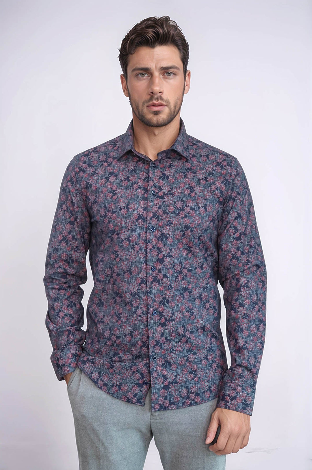 WSS Bloom Patterned Slim Fit Navy Blue Men Shirt  - Rocklin