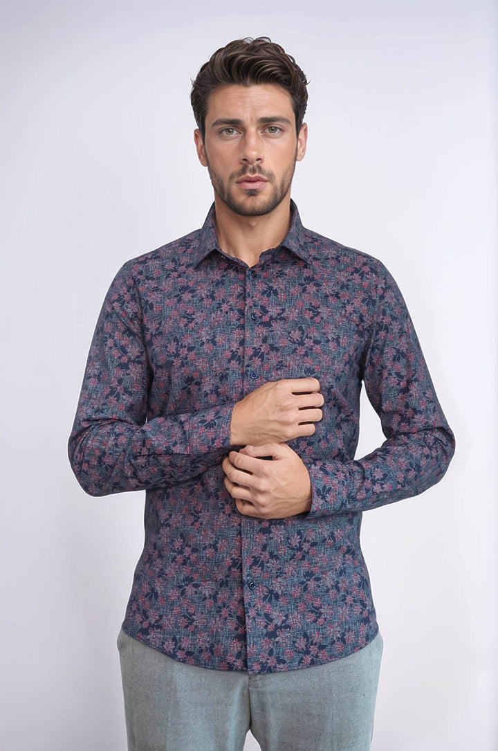 WSS Bloom Patterned Slim Fit Navy Blue Men Shirt  - Rocklin