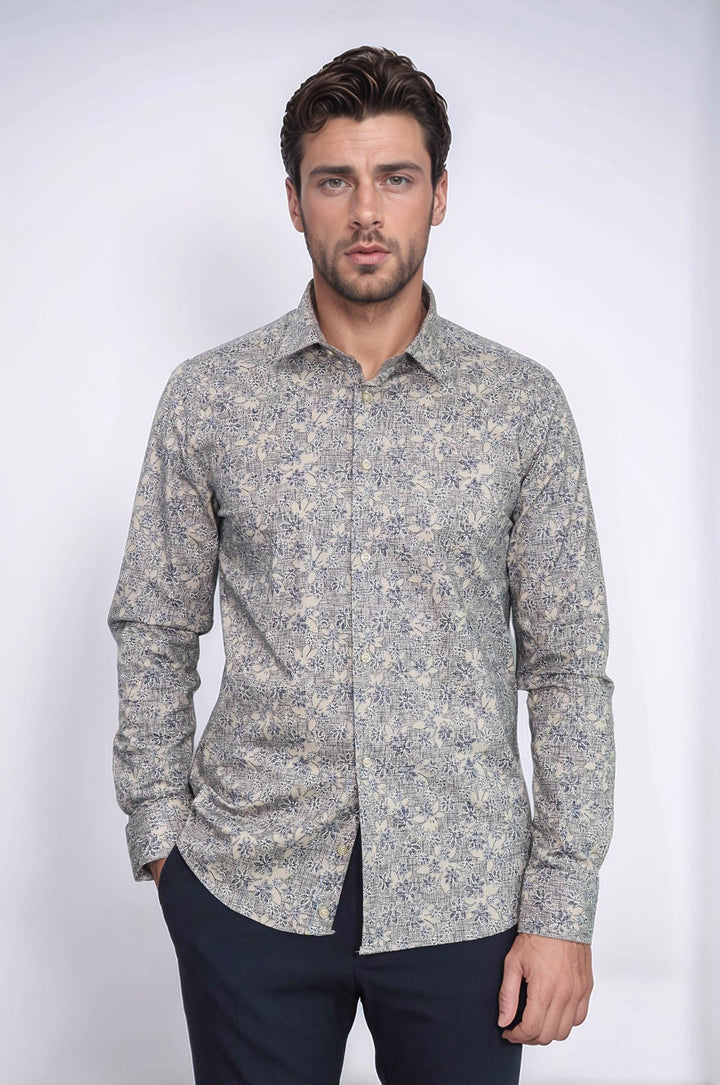 WSS Bloom Patterned Beige Slim Fit Shirt  - San Fernando