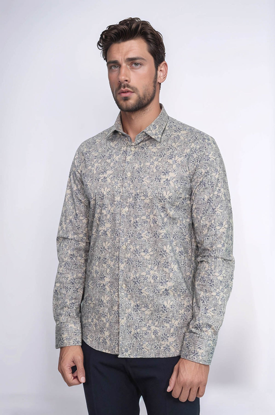 WSS Bloom Patterned Beige Slim Fit Shirt  - San Fernando