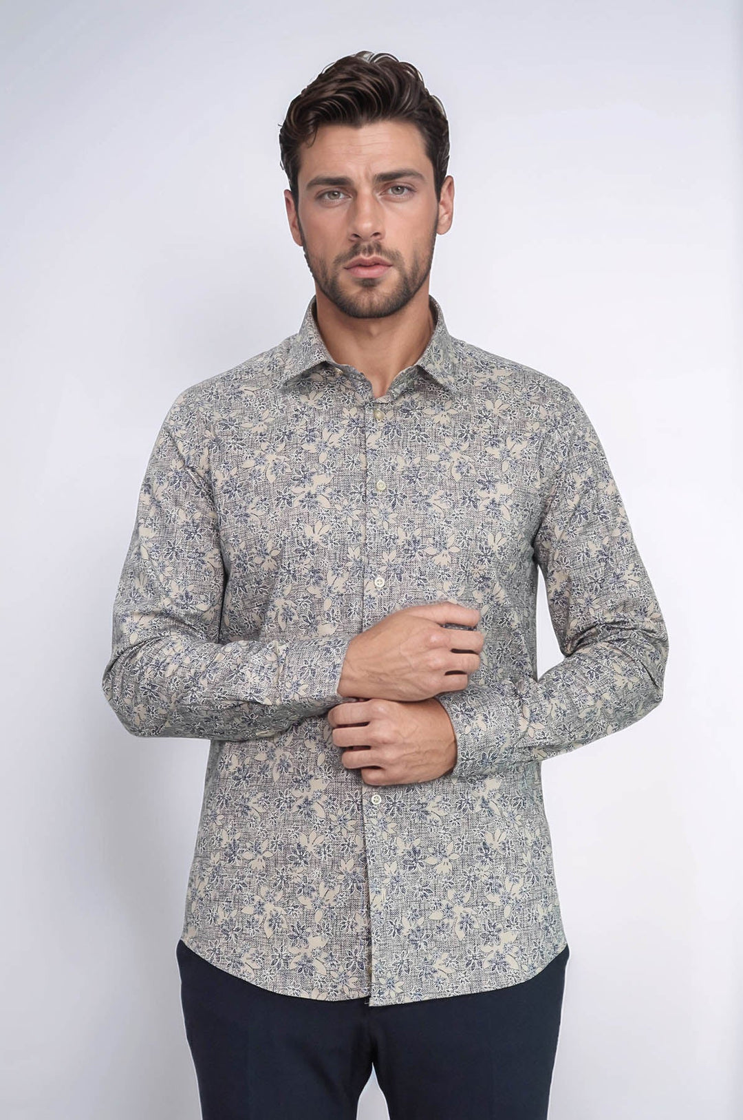 WSS Bloom Patterned Beige Slim Fit Shirt  - San Fernando