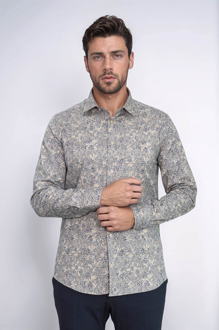 WSS Bloom Patterned Beige Slim Fit Shirt  - San Fernando