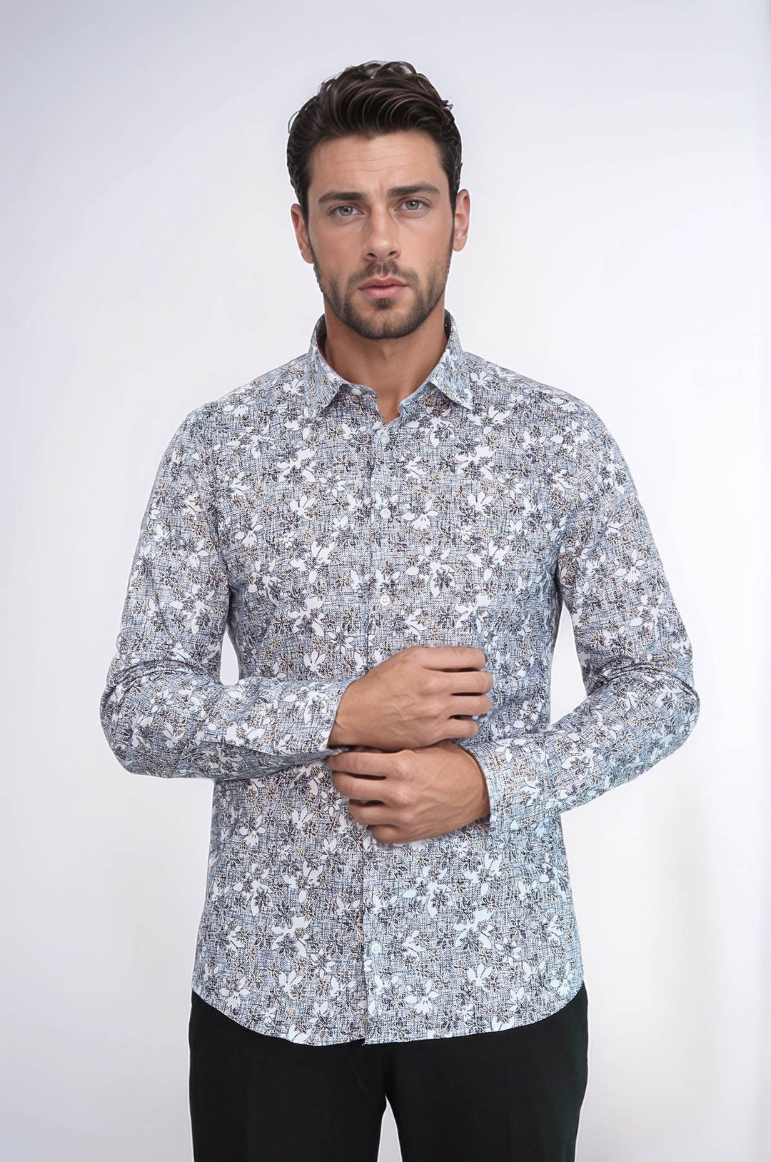 WSS Bloom Patterned Grey Slim Fit Shirt  - Homyel’
