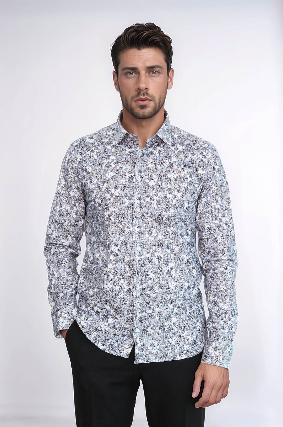 WSS Bloom Patterned Grey Slim Fit Shirt  - Homyel’