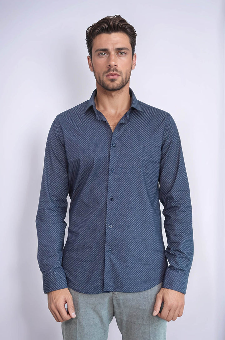 WSS Dark Blue Tiny Check Patterned Slim Fit Shirt  - Gifhorn
