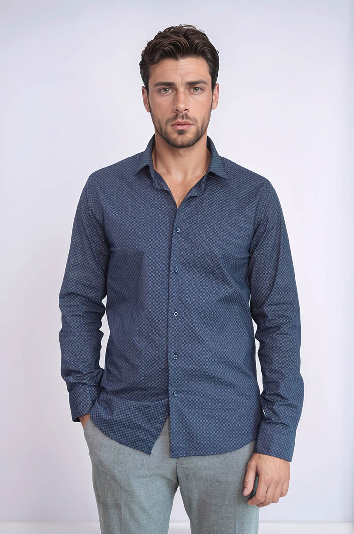 WSS Dark Blue Tiny Check Patterned Slim Fit Shirt  - Gifhorn