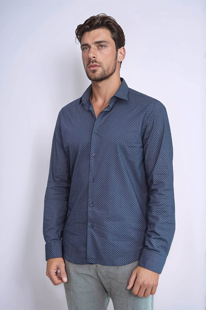 WSS Dark Blue Tiny Check Patterned Slim Fit Shirt  - Gifhorn