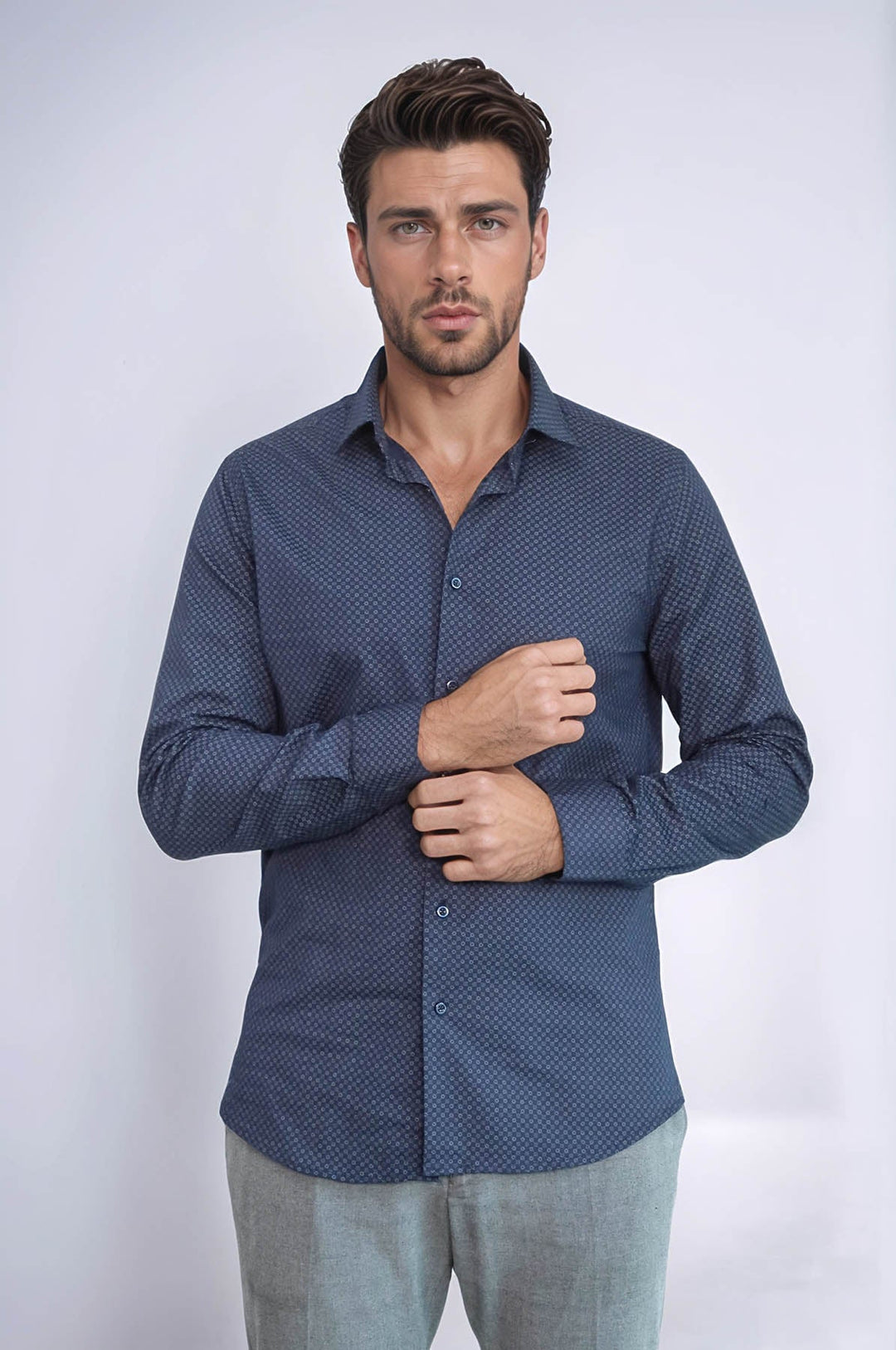 WSS Dark Blue Tiny Check Patterned Slim Fit Shirt  - Gifhorn
