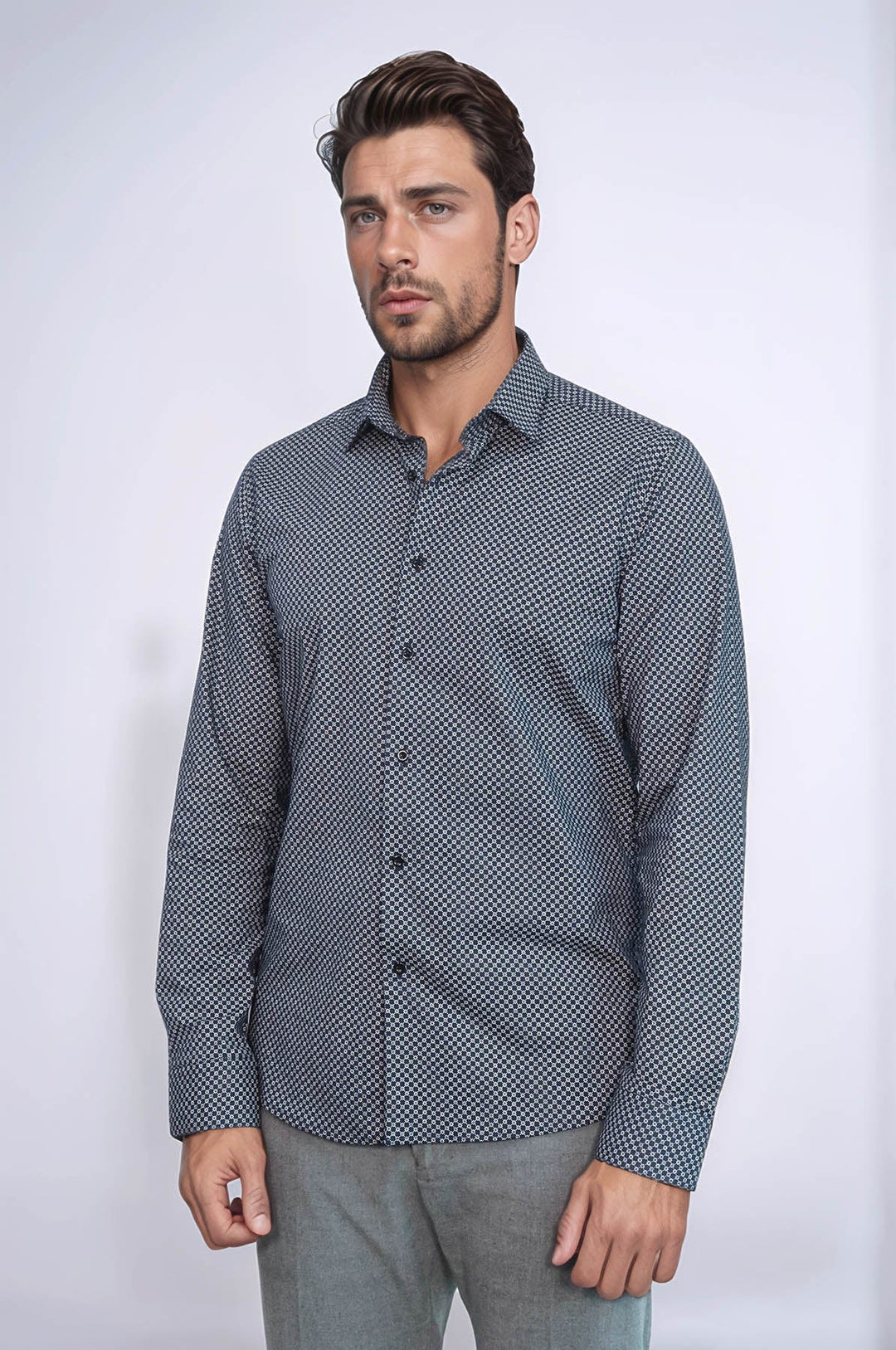 WSS Navy Blue Tiny Check Patterned Slim Fit Shirt  - Rowley Regis
