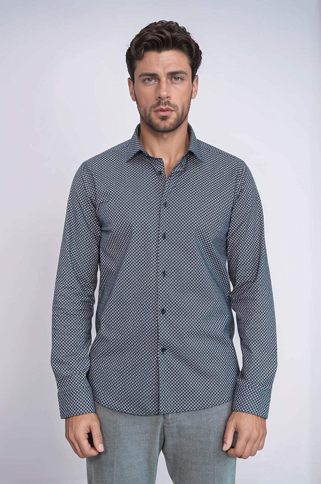 WSS Navy Blue Tiny Check Patterned Slim Fit Shirt  - Rowley Regis