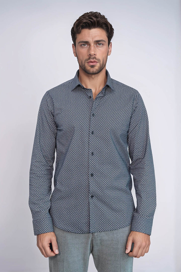 WSS Navy Blue Tiny Check Patterned Slim Fit Shirt  - Rowley Regis