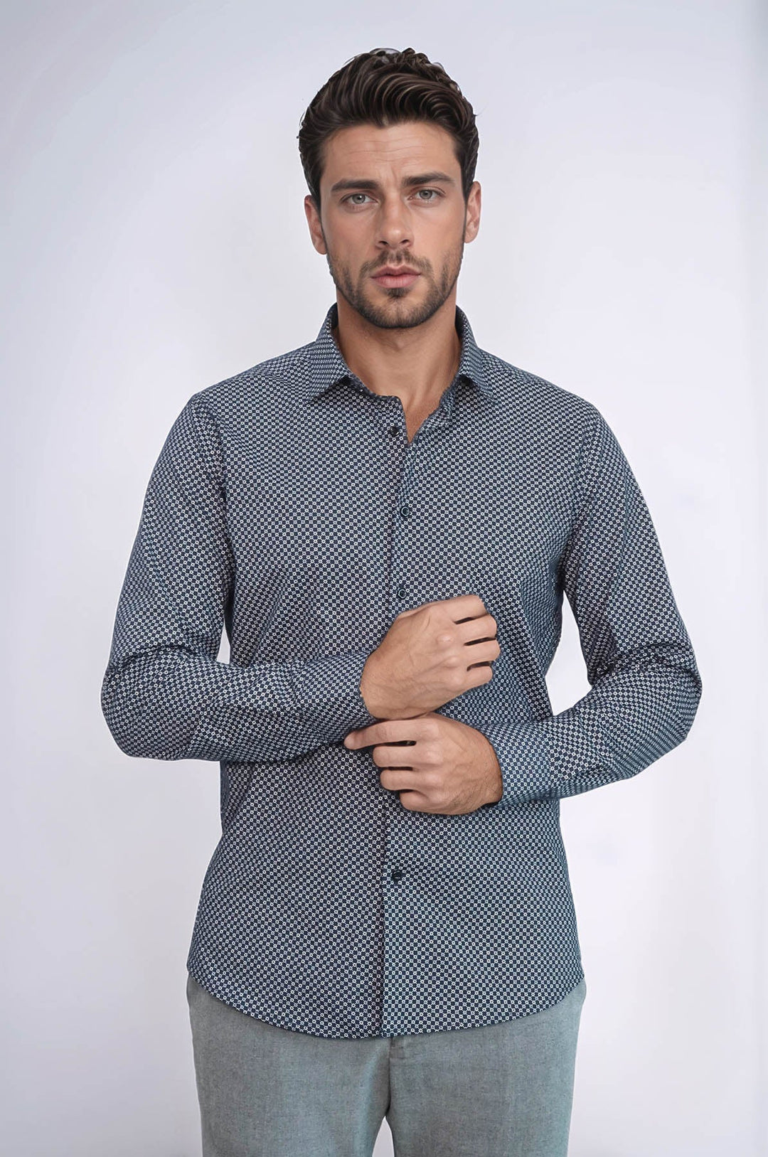 WSS Navy Blue Tiny Check Patterned Slim Fit Shirt  - Rowley Regis