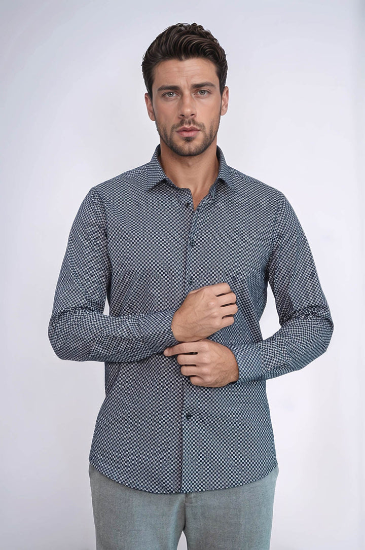 WSS Navy Blue Tiny Check Patterned Slim Fit Shirt  - Rowley Regis