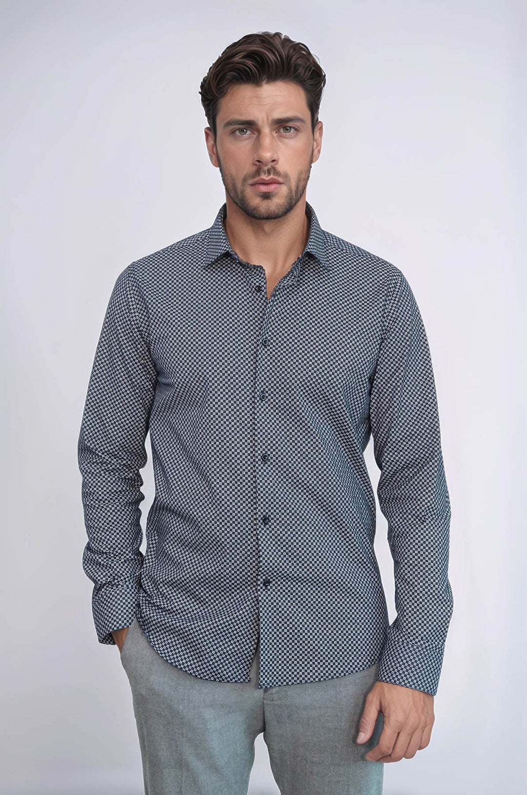 WSS Navy Blue Tiny Check Patterned Slim Fit Shirt  - Rowley Regis