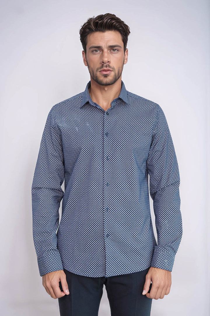 WSS Tiny Check Patterned Slim Fit Blue Men Shirt  - Berlin