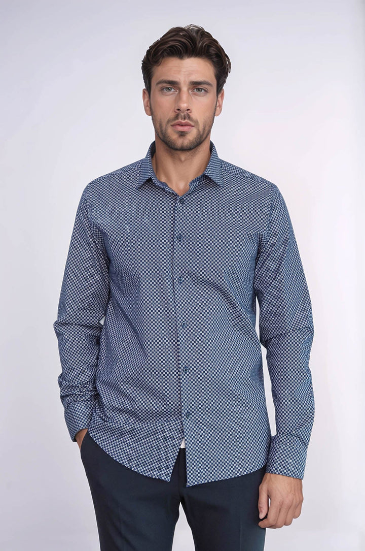 WSS Tiny Check Patterned Slim Fit Blue Men Shirt  - Berlin