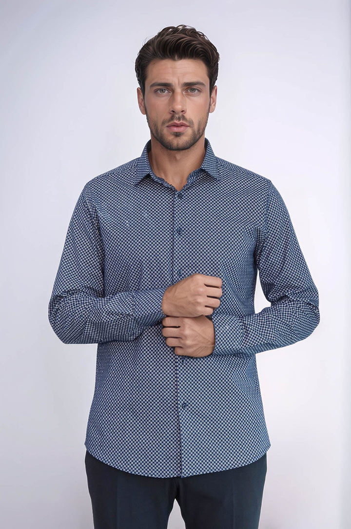WSS Tiny Check Patterned Slim Fit Blue Men Shirt  - Berlin