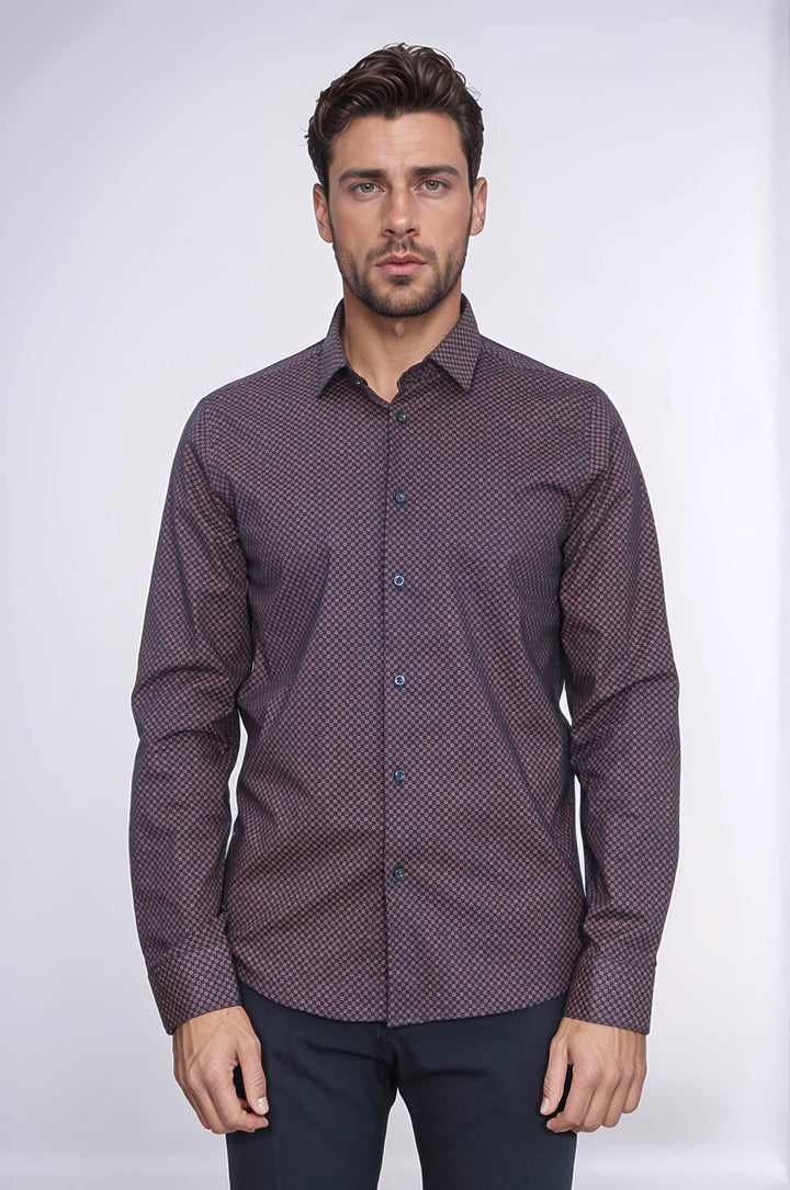 WSS Brown Tiny Check Patterned Slim Fit Shirt  - Ipswich