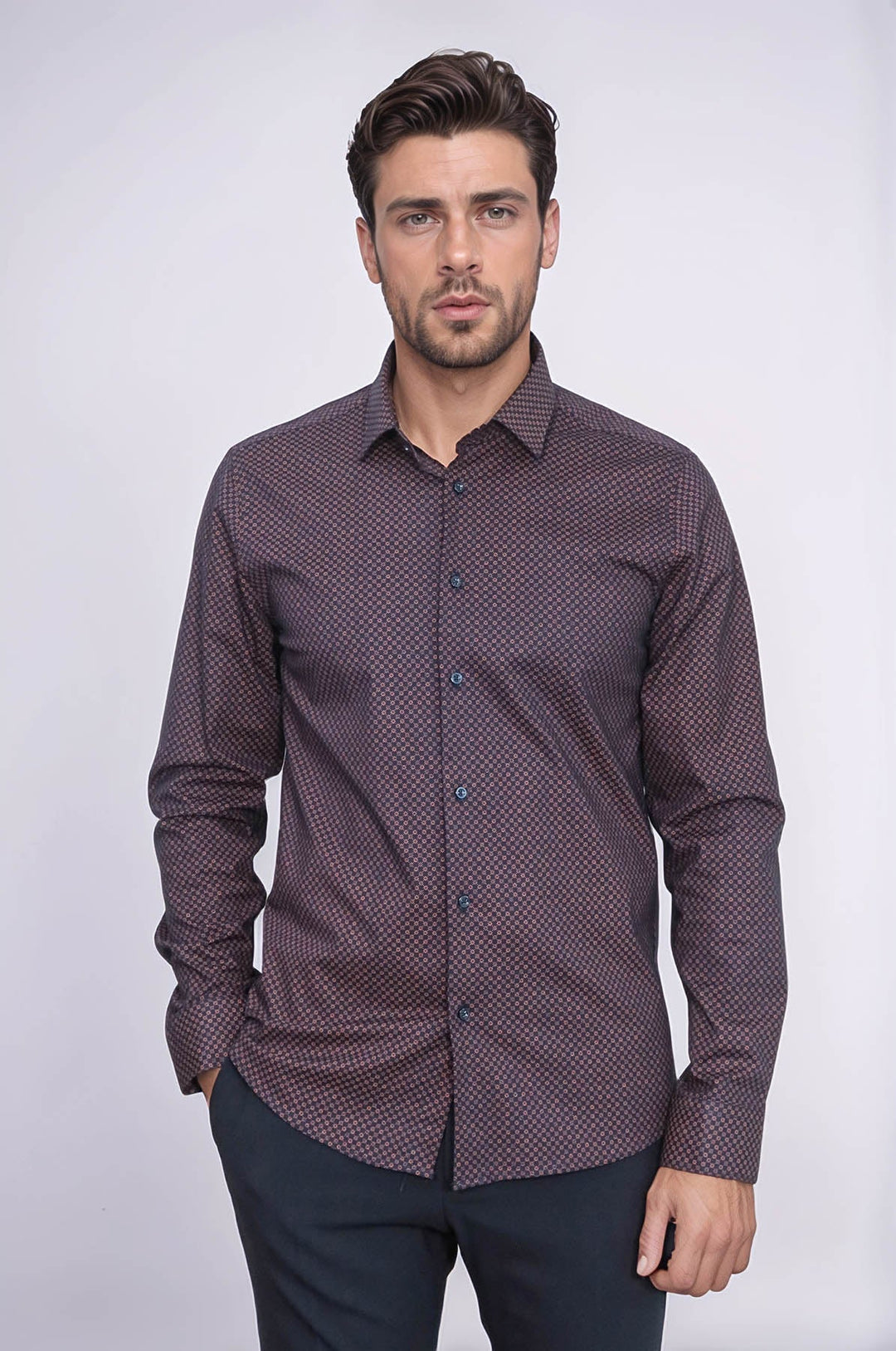 WSS Brown Tiny Check Patterned Slim Fit Shirt  - Ipswich