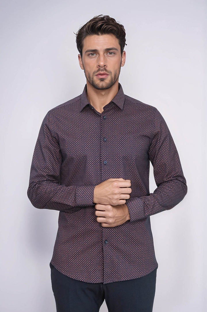 WSS Brown Tiny Check Patterned Slim Fit Shirt  - Ipswich