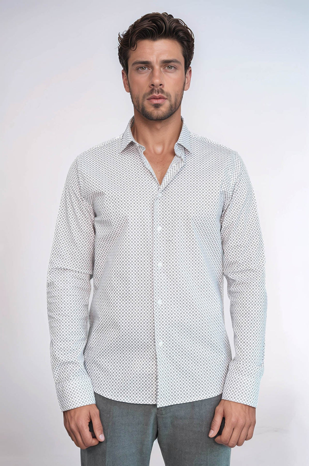 WSS White Tiny Check Patterned Slim Fit Shirt  - León de los Aldama