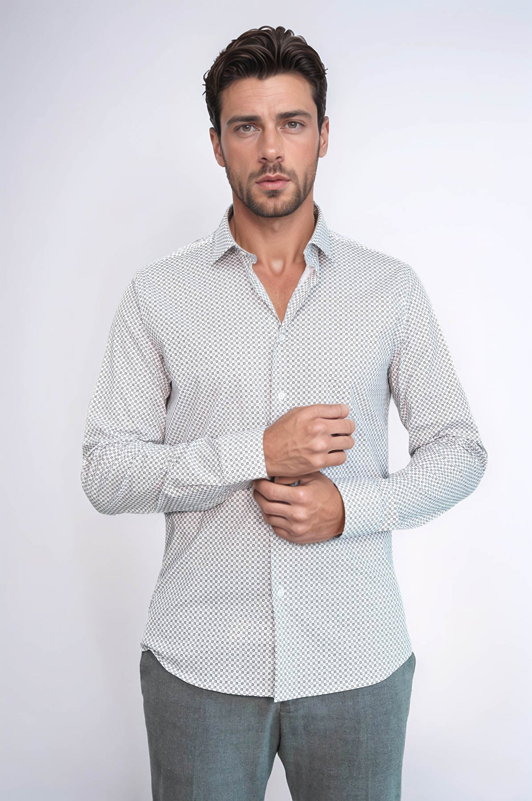 WSS White Tiny Check Patterned Slim Fit Shirt  - León de los Aldama