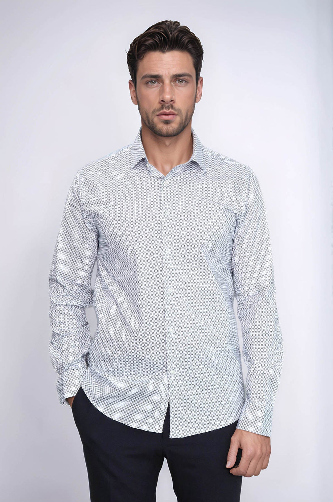 WSS White Tiny Check Patterned Slim Fit Shirt  - Borehamwood