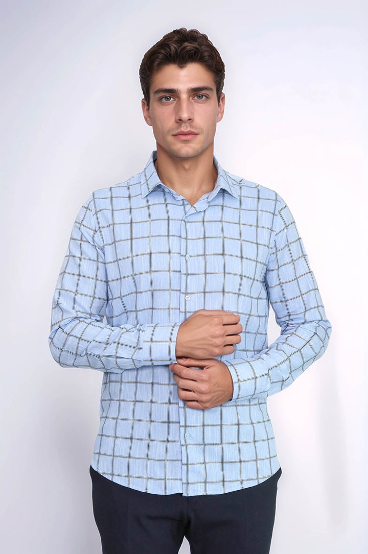 WSS Plaid Slim Fit Blue Men Shirt  - Alès