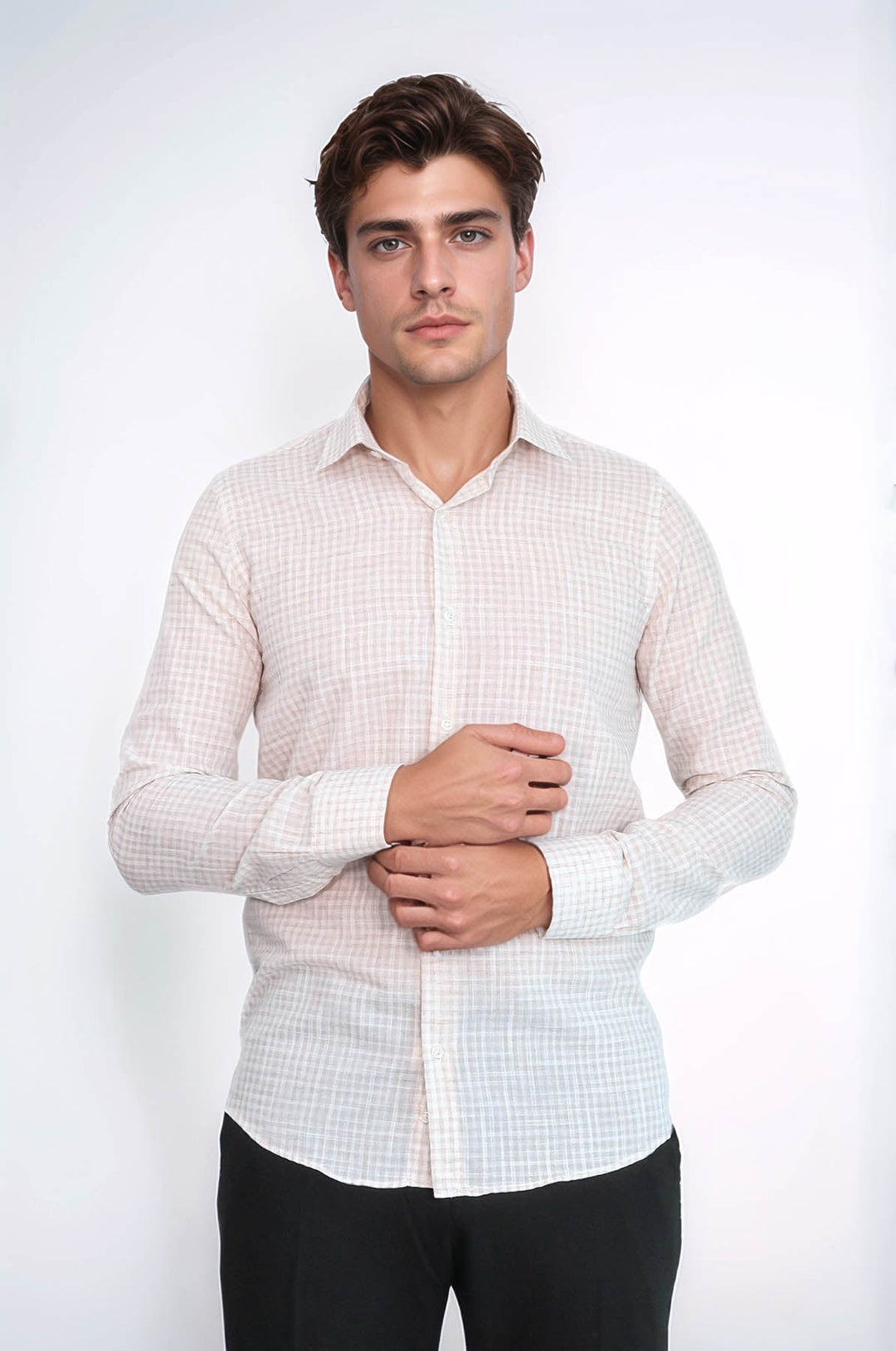 WSS Plaid Slim Fit Light Brown Men Shirt  - Fountainebleau