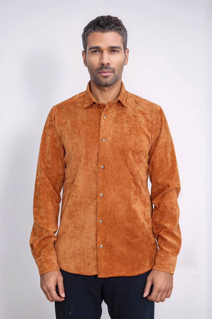 WSS Brown Long Sleeves Velvet Men's Shirt  - Backnang