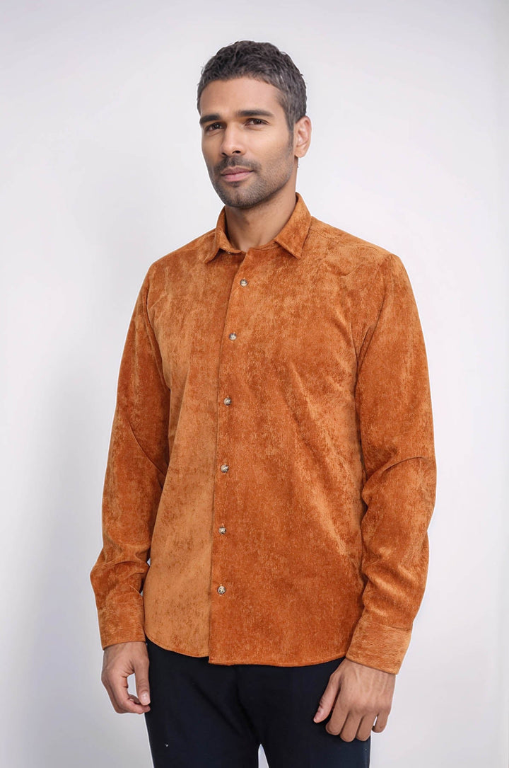 WSS Brown Long Sleeves Velvet Men's Shirt  - Backnang