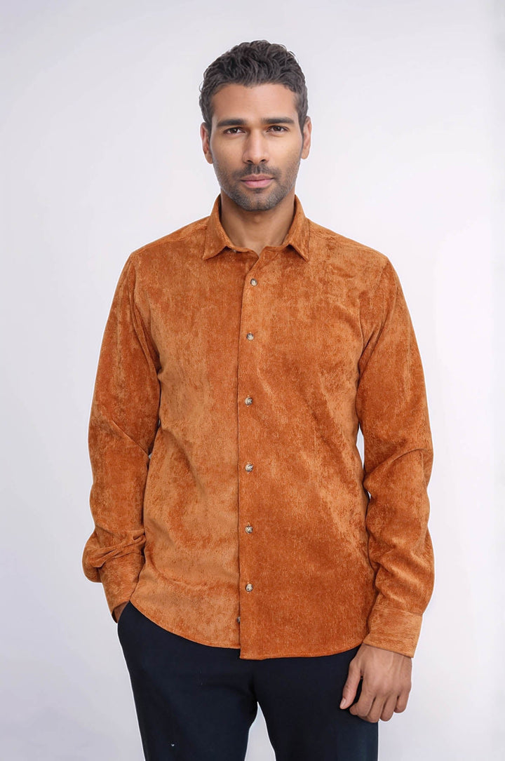 WSS Brown Long Sleeves Velvet Men's Shirt  - Backnang