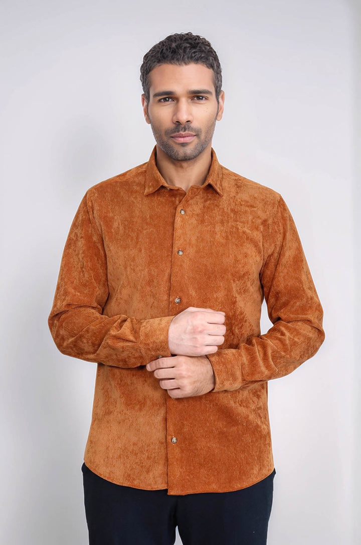 WSS Brown Long Sleeves Velvet Men's Shirt  - Backnang