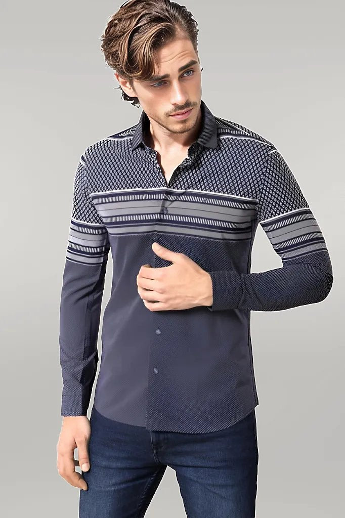 WSS Patterned Navy Blue Men Shirt  - Singen