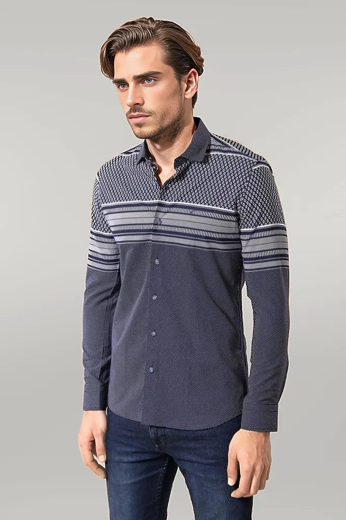 WSS Patterned Navy Blue Men Shirt  - Singen